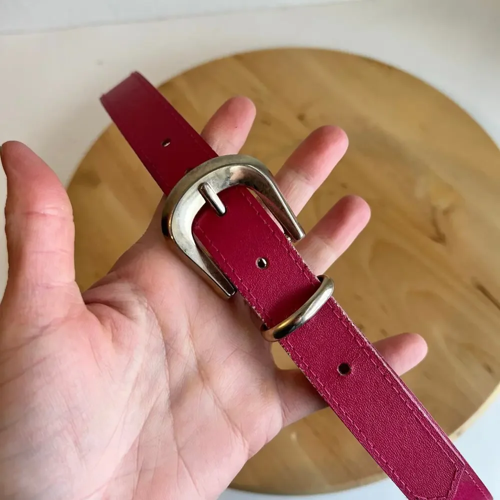 Vintage 90s Pink Vegan Leather Gold Silver Buckle Belt Size Small